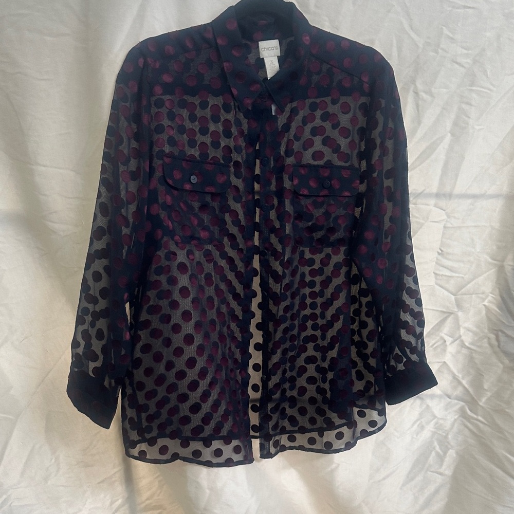 Sheer Navy and Burgundy Polka Dot Blouse